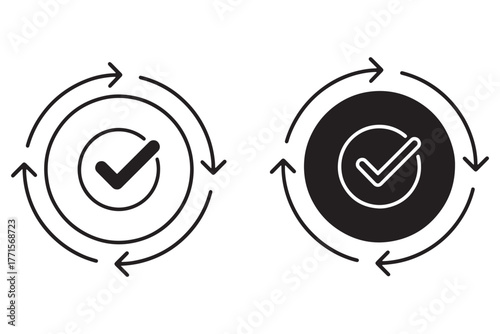 Illustration of a check mark inside a circle with arrows indicating a process, isolated on white background, symbolizing completion and continuous improvement
