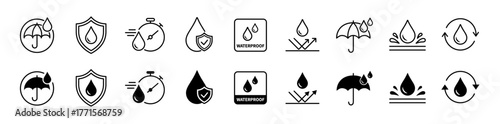 Waterproof icon set. Containing water resistant, water protection, hydrophobic fabric and more. Vector illustration.	