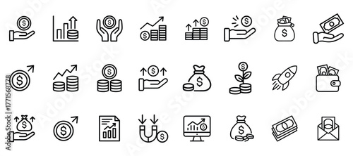 Collection of investment and finance icons representing financial growth and business success