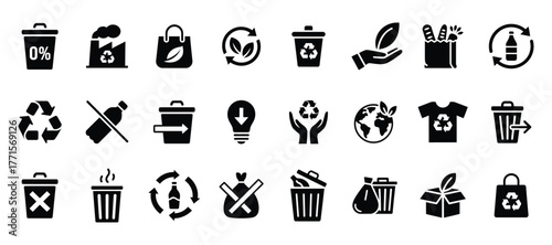 Collection of black silhouette icons about zero waste and recycling eco concept