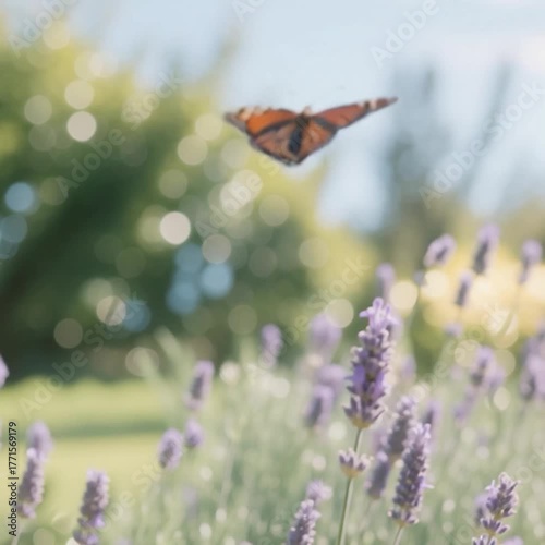 Monarch Butterfly Gently Resting on a Vibrant Lavender Flower in a Sunny Garden.