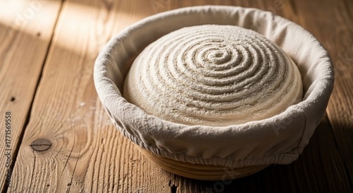 Unbaked sourdough bread dough with a spiral pattern resting in a proofing basket on a rustic wooden table, ready for baking.
