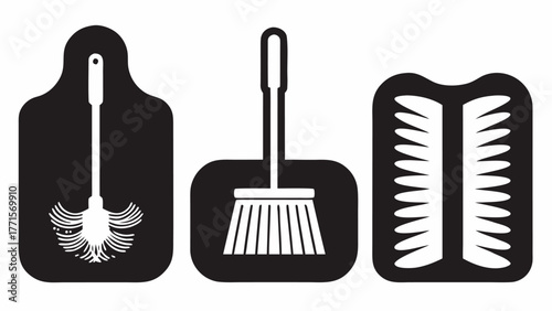 Iconographic cleaning tools lineup for modern home or business, ensuring hygiene with toilet brush, broom, and dustpan icons in a minimalist design