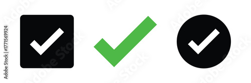 Check mark and cross mark icons. Set green approval check mark and red cross icons collection in circle and square, checklist signs, flat checkmark approval badge Green Checkmark icon set vector