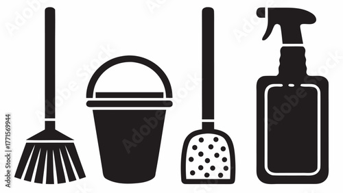 Essential cleaning supplies: Broom, bucket, mop, and spray bottle ready for any mess in your house or office, promising a spotless and sparkling environment