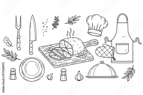 Culinary still life featuring a roast, utensils, and chefs accessories isolated on white background
