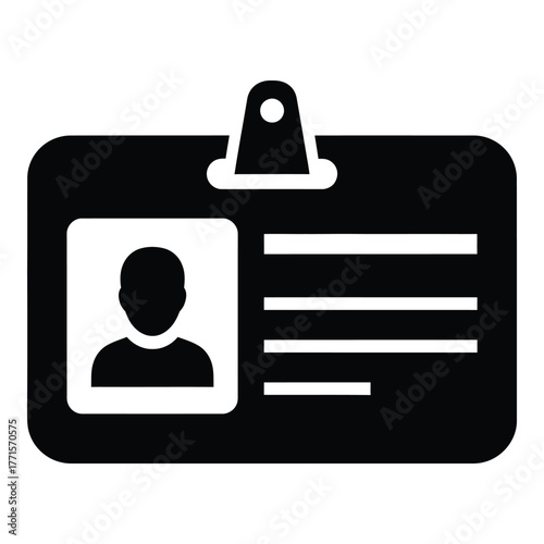 Iconic representation of an id card with photo area and lanyard clip for professional identification and access control systems silhouette