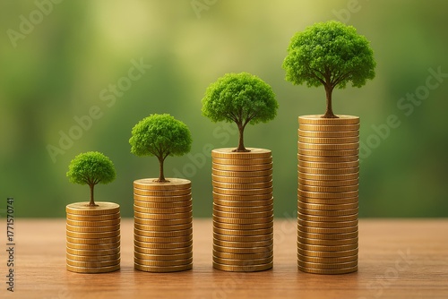 Stacks of coins with miniature trees growing