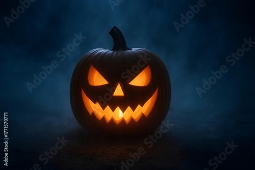 Jack-o'-lantern glowing in misty night