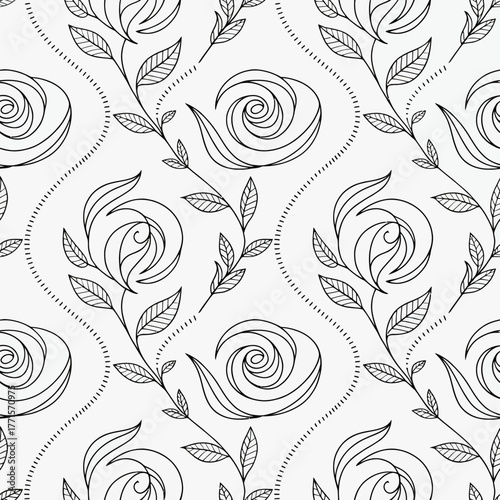 Floral Elegance: Intricate line art design showcases a seamless pattern of stylized roses and delicate leaves, exuding a sense of refined beauty and timeless style.