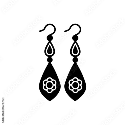 Two flower earrings in black color on transparent background silhouette