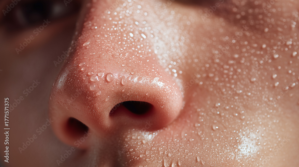 Fototapeta premium Extreme close up of asian male nose with visible pores, wet skin, and sweat droplets, highlighting natural texture and moisture in detailed and realistic manner