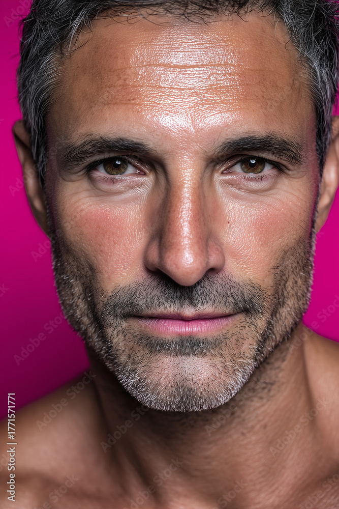 Obraz premium Close up portrait of middle aged man with radiant clear skin, stubble beard, and confident expression against vibrant pink background