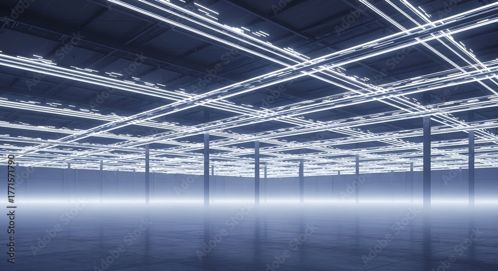 Naklejka premium Empty warehouse with glowing conveyor belts