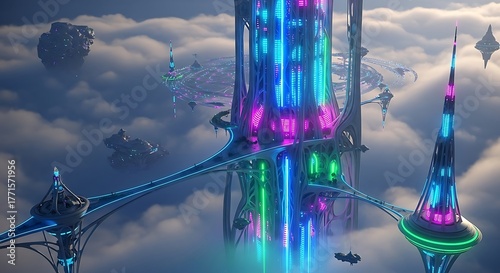 Futuristic Cityscape in the Clouds with Neon Lights and Sleek Architecture.