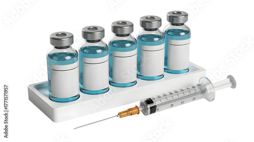 Vaccine bottles and syringe, healthcare professionals using medication for patient care, medical research and development, health and wellness promotion