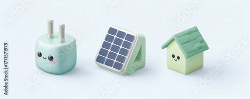 Cute green energy efficiency cartoon design with solar panel house and plug