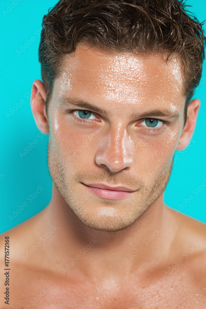 Obraz premium Close up portrait of young man with fresh youthful skin, wet face, blue eyes, and short brown hair against turquoise background, confident and relaxed expression