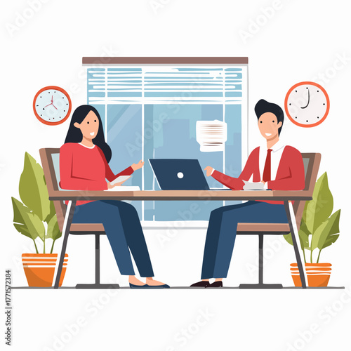 Colleagues working together on laptop in modern office with plants and clocks