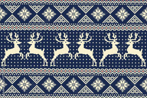 Seamless, traditional navy blue and cream Christmas pixel pattern. Featuring rows of majestic reindeer and classic geometric Nordic-style snowflakes and border
