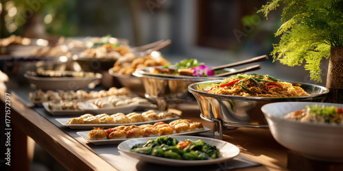 Asian buffet outdoors with warm lighting, chafing dish of noodles, platters of dumpling, vegetables and appetizers arranged elegantly