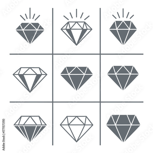 Nine distinct diamond graphics featuring facets and sparkle icons ideal for jewelry branding and luxury designs silhouette