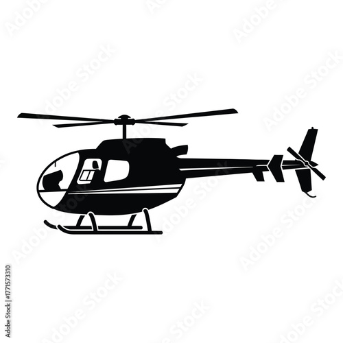Silhouette of a modern civilian helicopter in flight showcasing its rotor blades tail rotor and landing skids a powerful aerial machine. silhouette