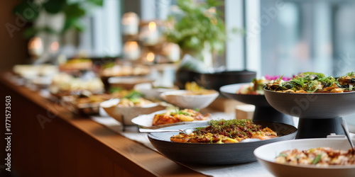 Elegant catering buffet featuring Japanese inspired dishes with fresh salads, warm rice bowls and vibrant garnishes creating inviting festive