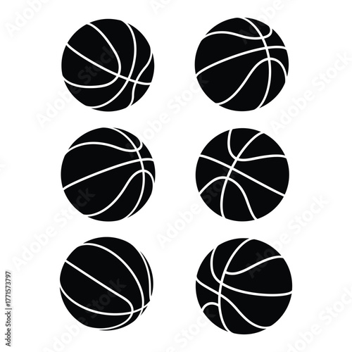 Collection of six detailed black basketballs showcasing traditional pattern and texture for sports enthusiasts and graphic design projects silhouette