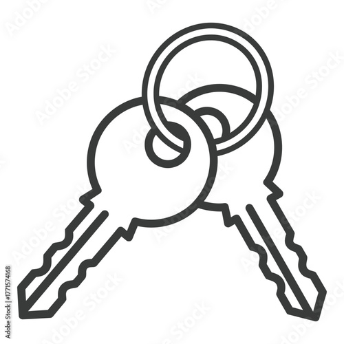 Two modern house keys with a circular keyring isolated simple line art symbolizing access security and ownership silhouette