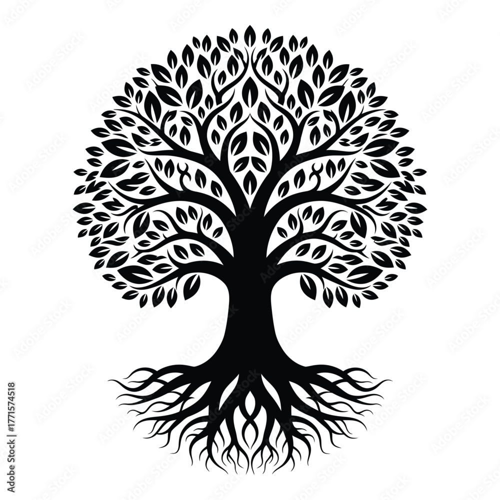 Naklejka premium Majestic black silhouette tree of life with intricate branches and deep roots symbolizing growth wisdom and connection silhouette