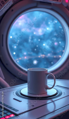 Cup of coffee on the table of a cabin a spaceship, showcasing a breathtaking view of Earth and distant stars in the background.