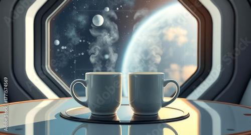 Two steaming cups of coffee on the table of a cabin a spaceship, showcasing a breathtaking view of Earth and distant stars in the background during sunrise.
