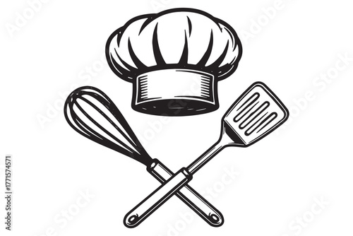 Chefs hat with whisk and spatula crossed, isolated on white background culinary tools for cooking and baking in a simple black and white design