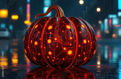 Futuristic style digital neon cyber pumpkin on a blurred dark city background. Cyberpunk style Halloween concept.
