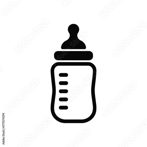 Baby bottle icon with measurement lines for feeding on a white background