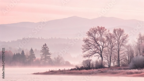Misty Pink Landscape with Bare Trees and Mountains at Sunrise – Serene Winter Nature Scenery