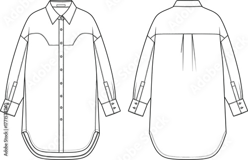 Cad drawing flat vector illustration, long sleeve shirt front and back view, fashion technical sketch, garment design template, apparel