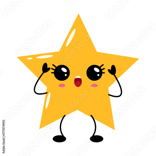 Smiling yellow star with big eyes and rosy cheeks, isolated on white background, kawaii style
