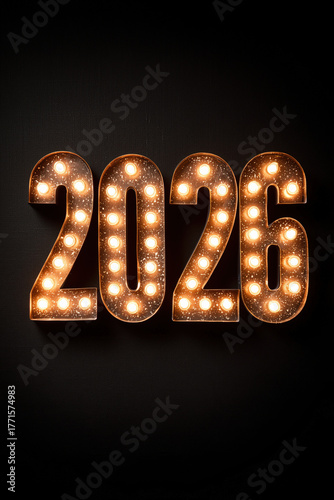 celebrate 2026 with glowing marquee light bulbs in warm colors on dark fabric background, club new years eve, silvester, portrait format, photorealistic