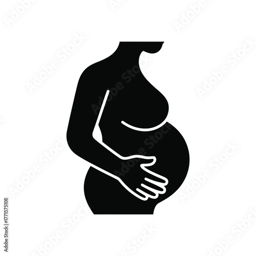 Pregnant woman silhouette with hand on belly icon illustration on white background