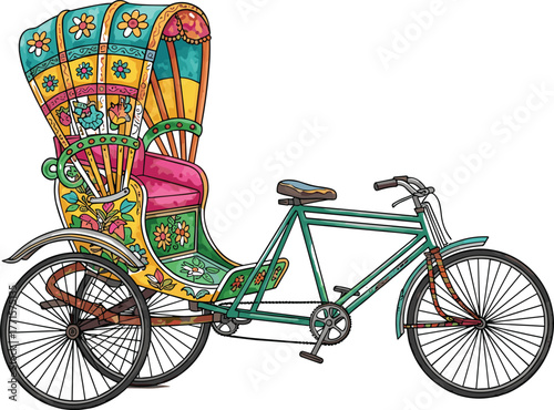 Rickshaw, traditional transport, decorated vehicle, cultural art, colorful design, South Asia, festival style, heritage ride, cad drawing flat vector illustration