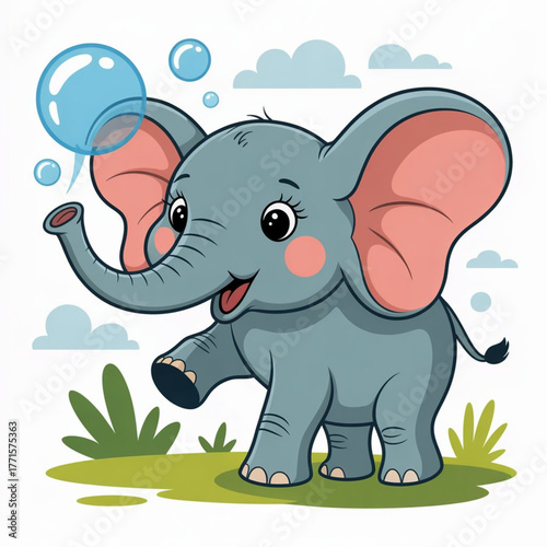 Cute Whimsical Elephant Blowing bubbles Vector Illustration