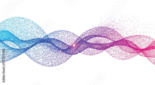 Vibrant, multicolored particle waves in blue, purple, and pink hues against a white background with a shallow depth of field.