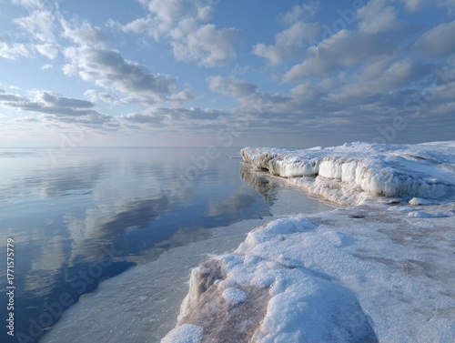Icy Coastal Vista: Frozen Lake Shoreline, Ice Formations, Reflective Water Surface, Blue Sky with Clouds, Winter Landscape in Cold Climate