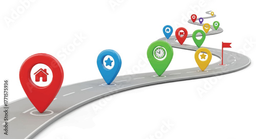 A 3D illustration of a winding road with various colorful location pins, each featuring a different icon, on a white background with a subtle shadow effect.