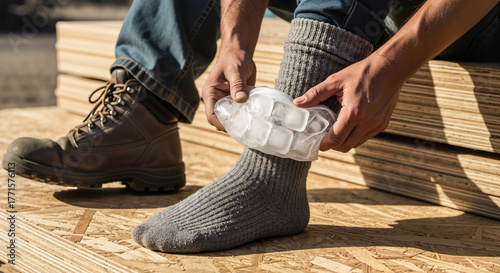 A construction worker uses a makeshift Injured foot with ice pack at a job site, an image for articles on workplace safety and first aid.