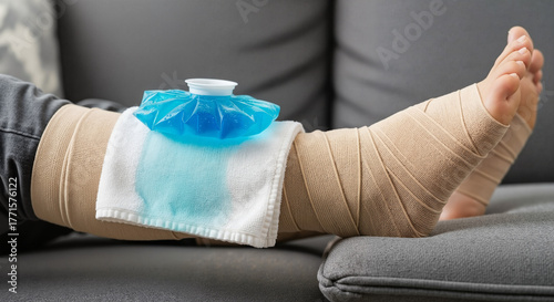 A bandaged Injured foot with ice pack rests on a couch during recovery, a clear visual for content about rehabilitation and home care.