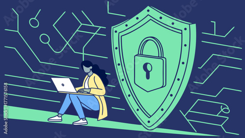 Woman using laptop with shield and padlock representing cyber security and data protection concept design on transparent background silhouette