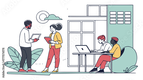 Illustration of diverse professionals collaborating in a modern office space with relaxed and productive atmosphere on transparent background silhouette